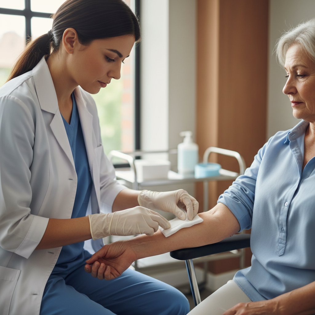 Infirmière réalisant un pansement à une patiente
