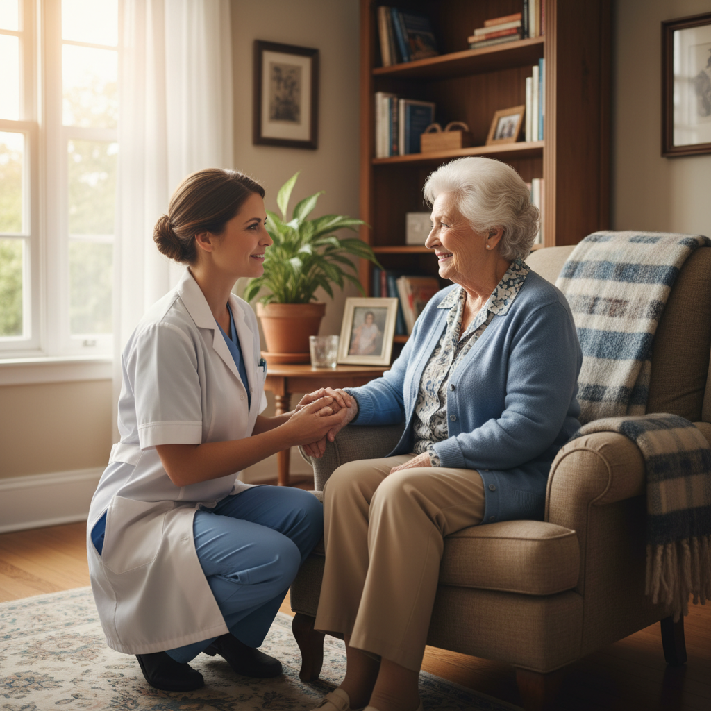 Infirmière rendant visite à une patiente âgée à domicile